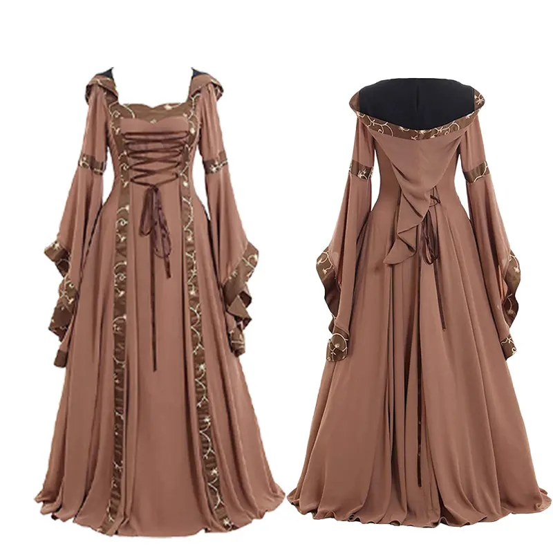 European and American women's clothing, medieval retro court style hooded dress, square neck, flared sleeves, large skirt, party