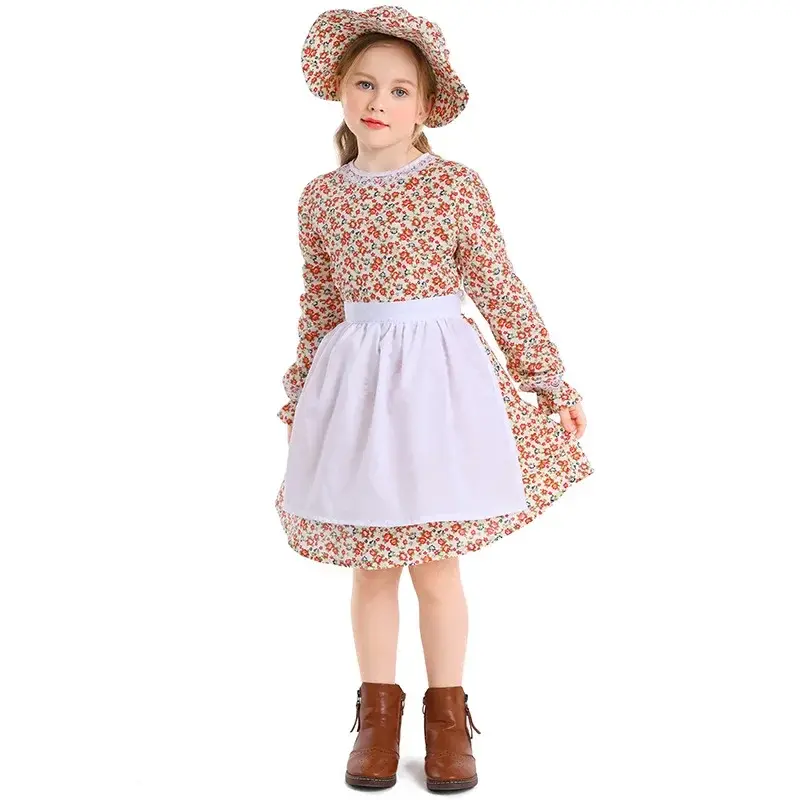 Girl's Little House Costume Role Playing Eyelid Evening Dress Halloween Carnival Early American Pioneer Old Luke's Day