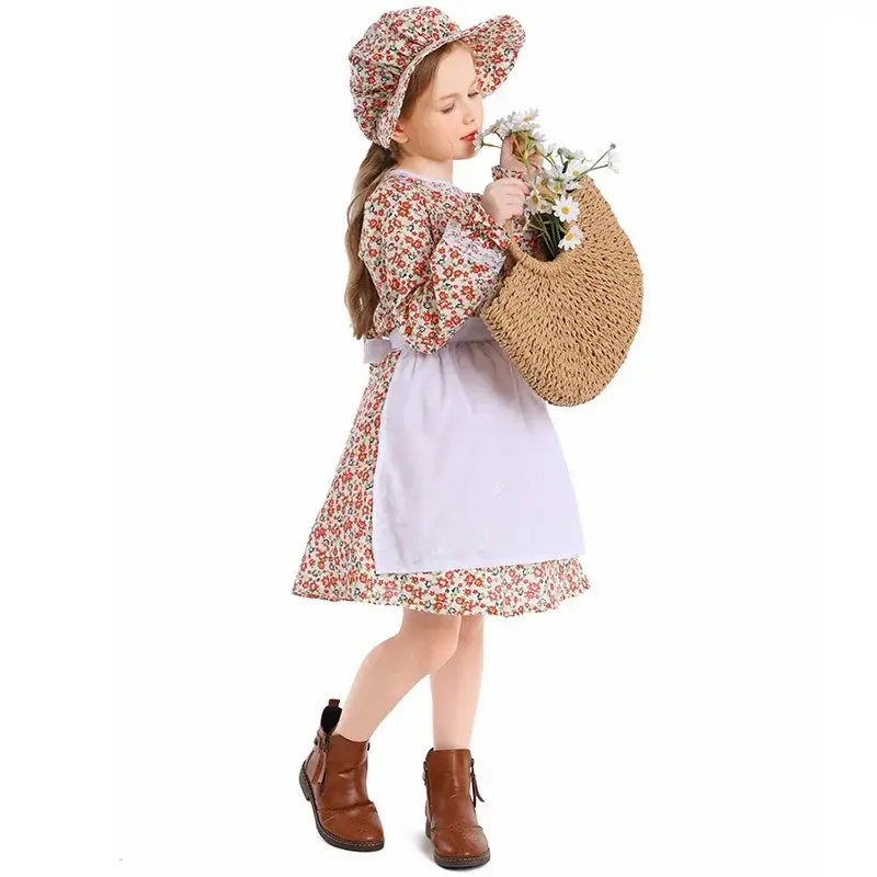 Girl's Little House Costume Role Playing Eyelid Evening Dress Halloween Carnival Early American Pioneer Old Luke's Day