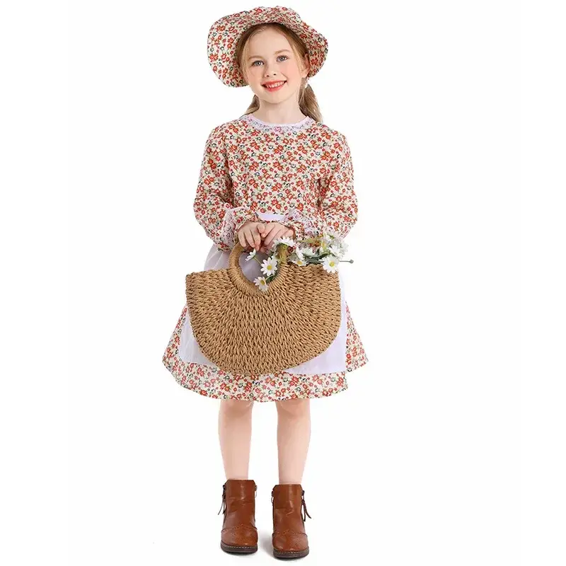 Girl's Little House Costume Role Playing Eyelid Evening Dress Halloween Carnival Early American Pioneer Old Luke's Day