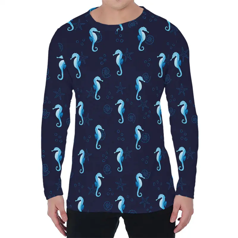 Fashion Seahorse Pattern T-shirts Spring Autumn Trend O Neck Mens 3D Printed Long Sleeve T Shirt Loose Streetwear Breathable Tee