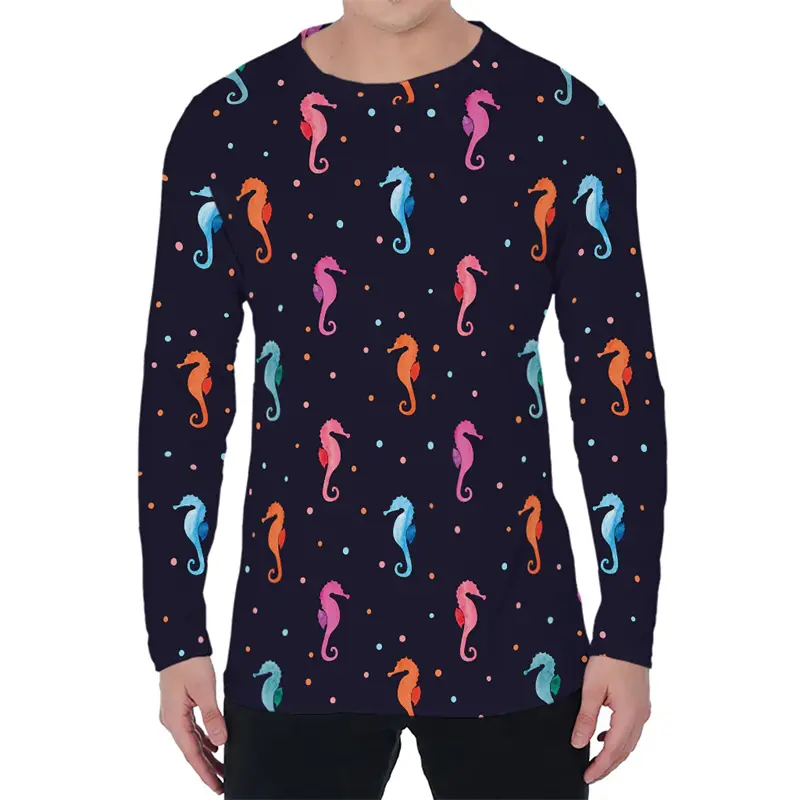 Fashion Seahorse Pattern T-shirts Spring Autumn Trend O Neck Mens 3D Printed Long Sleeve T Shirt Loose Streetwear Breathable Tee