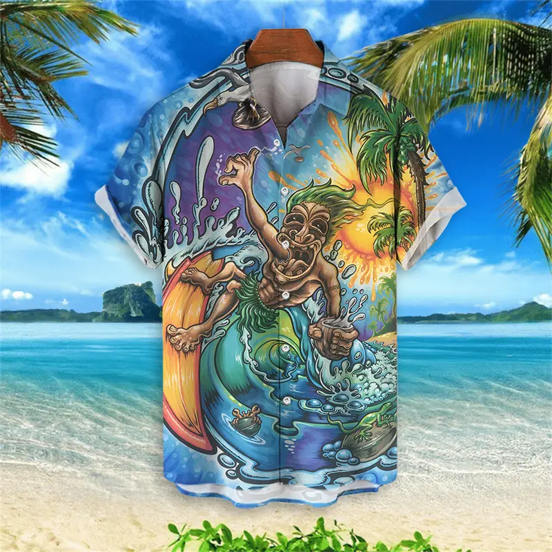 Fashion Tiki Graphic Hawaiian Shirts For Men Trendy Summer 3D Printed Short Sleeve Aloha Shirt Cool Streetwear Harajuku Blouse