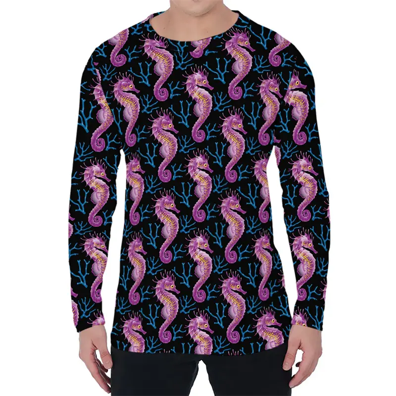 Fashion Seahorse Pattern T-shirts Spring Autumn Trend O Neck Mens 3D Printed Long Sleeve T Shirt Loose Streetwear Breathable Tee