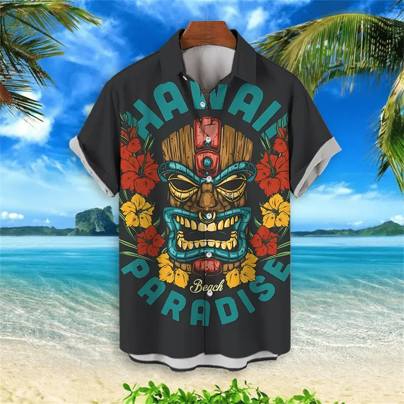 Fashion Tiki Graphic Hawaiian Shirts For Men Trendy Summer 3D Printed Short Sleeve Aloha Shirt Cool Streetwear Harajuku Blouse