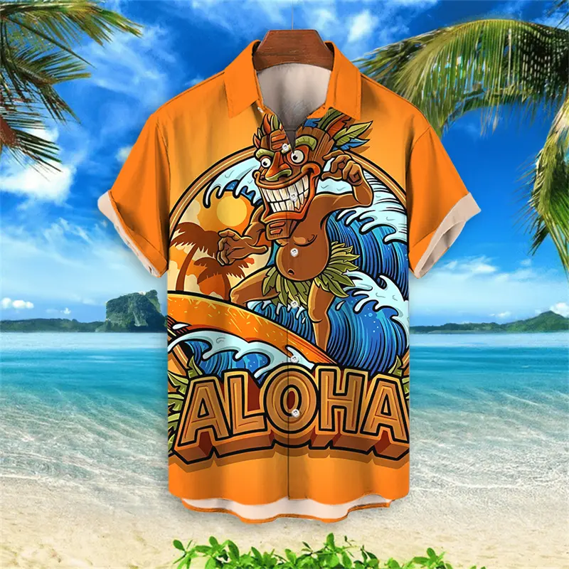 Fashion Tiki Graphic Hawaiian Shirts For Men Trendy Summer 3D Printed Short Sleeve Aloha Shirt Cool Streetwear Harajuku Blouse