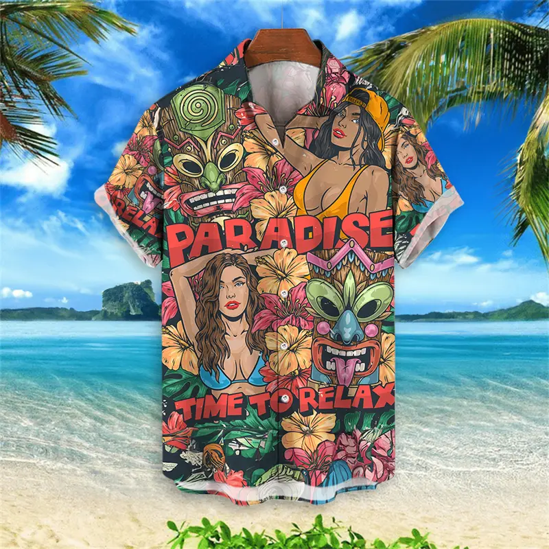 Fashion Tiki Graphic Hawaiian Shirts For Men Trendy Summer 3D Printed Short Sleeve Aloha Shirt Cool Streetwear Harajuku Blouse