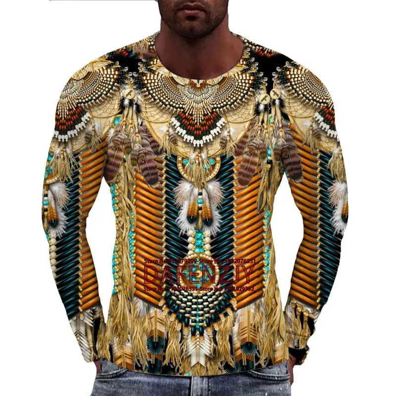 Vintage Ethnic Tribal Style Pattern T-shirt Fashion Casual 3D Printed Mens Long Sleeve T Shirt Loose Streetwear O Neck Tees Tops