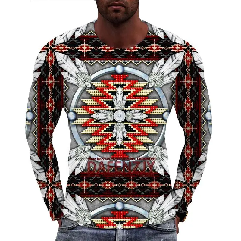 Vintage Ethnic Tribal Style Pattern T-shirt Fashion Casual 3D Printed Mens Long Sleeve T Shirt Loose Streetwear O Neck Tees Tops