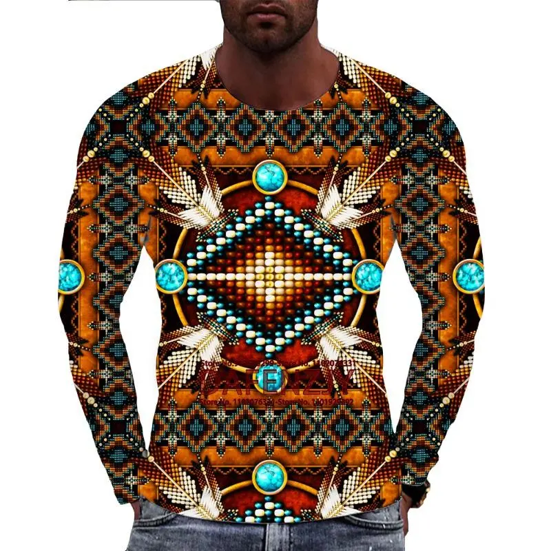 Vintage Ethnic Tribal Style Pattern T-shirt Fashion Casual 3D Printed Mens Long Sleeve T Shirt Loose Streetwear O Neck Tees Tops