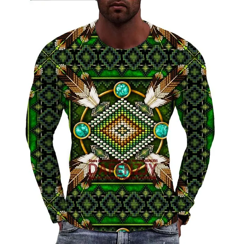 Vintage Ethnic Tribal Style Pattern T-shirt Fashion Casual 3D Printed Mens Long Sleeve T Shirt Loose Streetwear O Neck Tees Tops