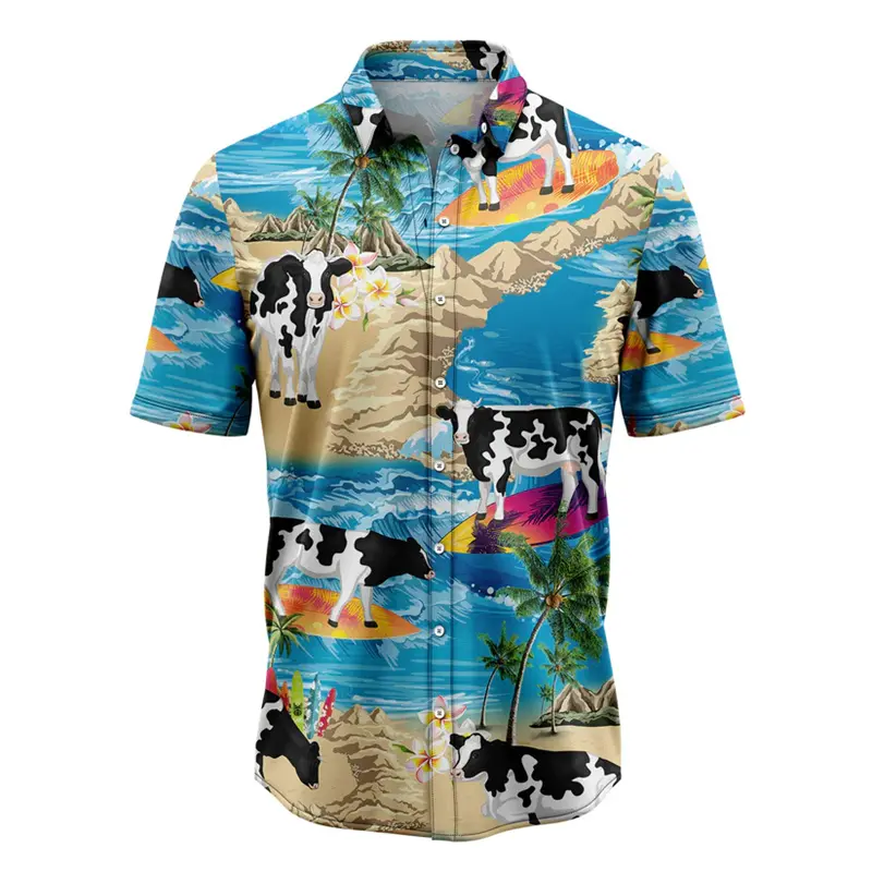 Funny Cow Pattern Hawaiian Shirts For Men Summer Fashion Farm Animal 3D Printed Lapel Shirt Casual Oversized Button Blouses