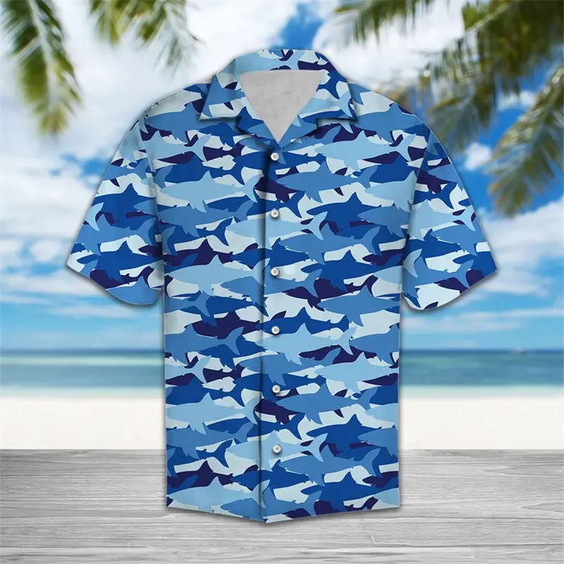 Fashion Camouflage Horse Game Controller Shark Pattern Shirts Summer Casual 3D Printed Hawaiian Shirts Loose Breathable Blouse