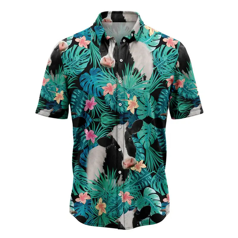 Funny Cow Pattern Hawaiian Shirts For Men Summer Fashion Farm Animal 3D Printed Lapel Shirt Casual Oversized Button Blouses
