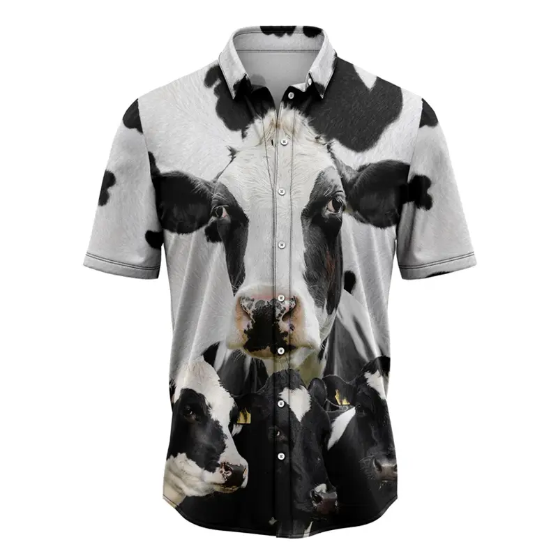 Funny Cow Pattern Hawaiian Shirts For Men Summer Fashion Farm Animal 3D Printed Lapel Shirt Casual Oversized Button Blouses