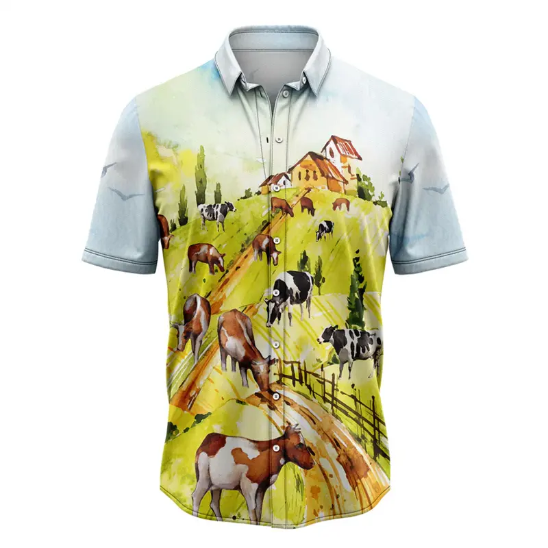 Funny Cow Pattern Hawaiian Shirts For Men Summer Fashion Farm Animal 3D Printed Lapel Shirt Casual Oversized Button Blouses
