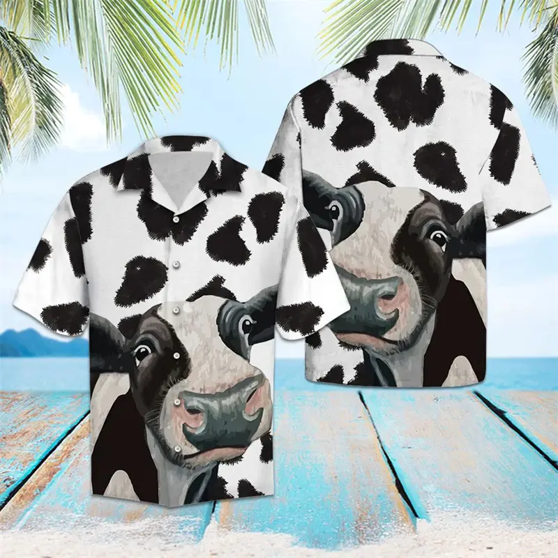 Funny Cow Pattern Hawaiian Shirts For Men Summer Fashion Short Sleeve 3D Printed Lapel Shirt Casual Oversized Button Blouses