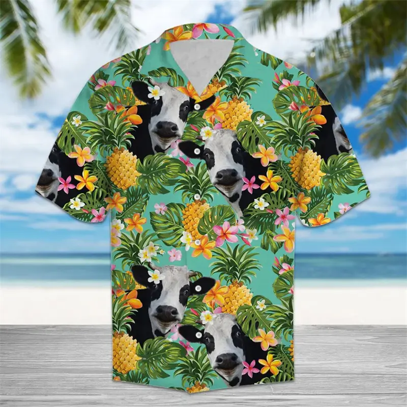 Funny Cow Pattern Hawaiian Shirts For Men Summer Fashion Short Sleeve 3D Printed Lapel Shirt Casual Oversized Button Blouses
