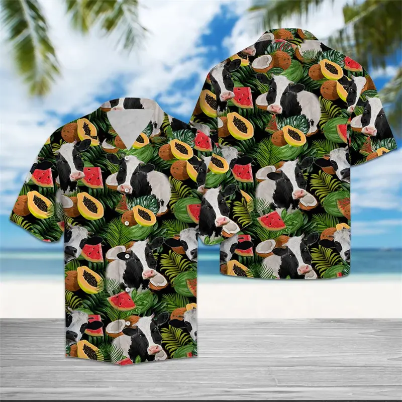 Funny Cow Pattern Hawaiian Shirts For Men Summer Fashion Short Sleeve 3D Printed Lapel Shirt Casual Oversized Button Blouses