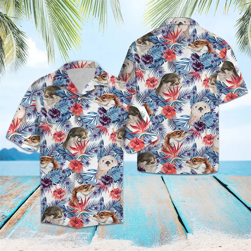 Cute Otter Pattern Hawaiian Shirts For Men Summer Casual Cute Animal 3D Printed Short Sleeve Shirt Trendy Harajuku Blouses Tops
