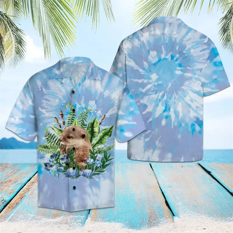 Cute Otter Pattern Hawaiian Shirts For Men Summer Casual Cute Animal 3D Printed Short Sleeve Shirt Trendy Harajuku Blouses Tops