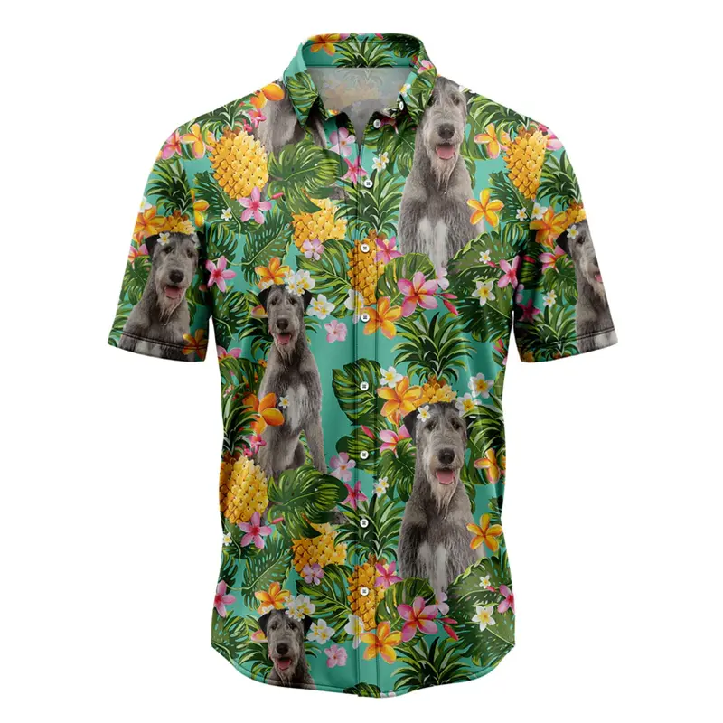 Cute Irish Wolfhound Pattern Hawaiian Shirts Summer Casual Dog Lover 3D Printed Short Sleeve Shirt Fashion Daily Wear Blouses