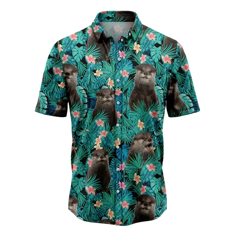 Cute Otter Pattern Hawaiian Shirts For Men Summer Casual Cute Animal 3D Printed Short Sleeve Shirt Trendy Harajuku Blouses Tops