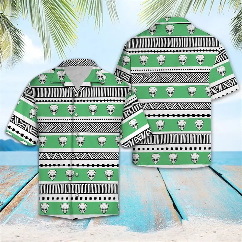 Fashion Alien Pattern Hawaiian Shirts For Men Summer Trendy Streetwear 3D Printed Lapel Shirt Cool Oversized Breathable Blouses