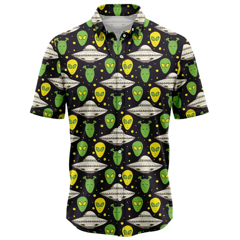 Fashion Alien Pattern Hawaiian Shirts For Men Summer Trendy Streetwear 3D Printed Lapel Shirt Cool Oversized Breathable Blouses