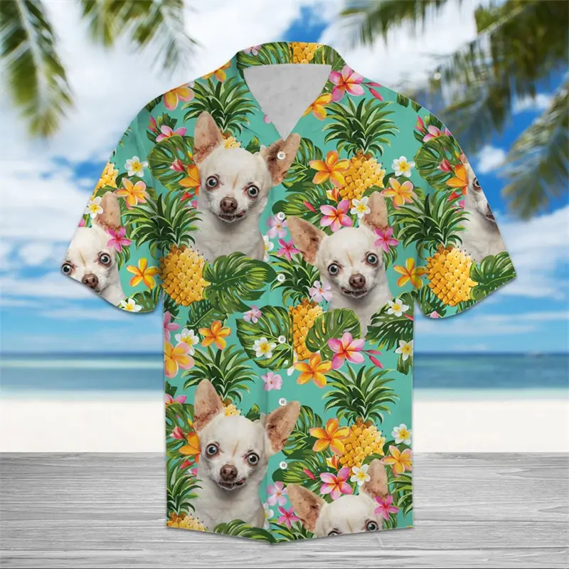 Tropical Pineapple Dog Pattern Hawaiian Shirts Summer Fashion Short Sleeve 3D Printed Shirt Loose Breathable Lapel Button Blouse
