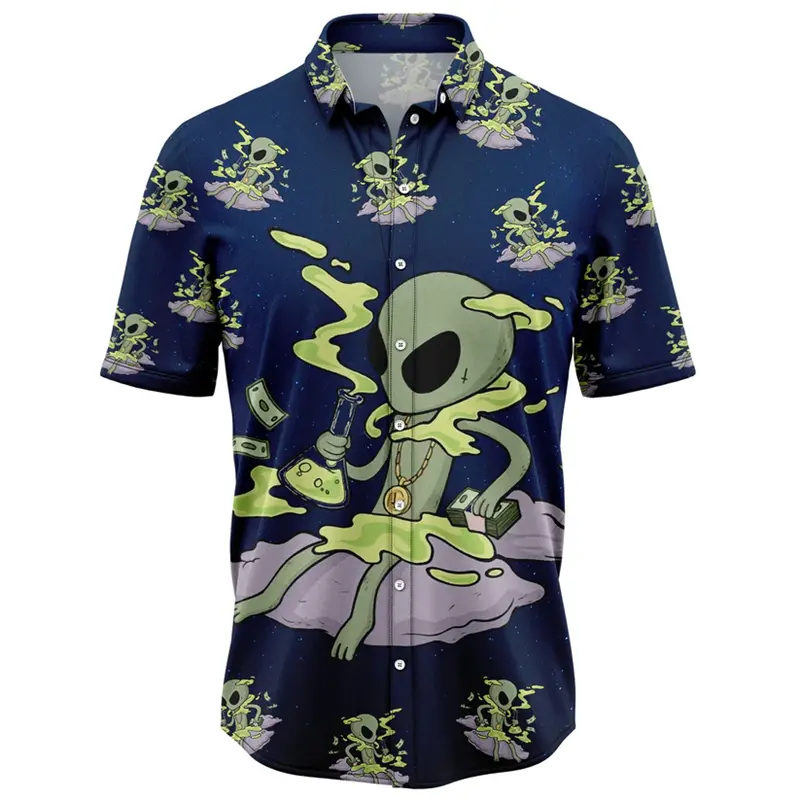 Fashion Alien Pattern Hawaiian Shirts For Men Summer Trendy Streetwear 3D Printed Lapel Shirt Cool Oversized Breathable Blouses