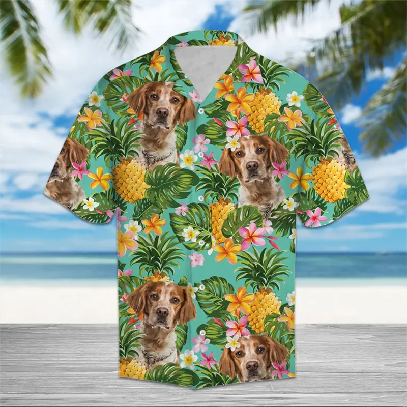 Tropical Pineapple Dog Pattern Hawaiian Shirts Summer Fashion Short Sleeve 3D Printed Shirt Loose Breathable Lapel Button Blouse