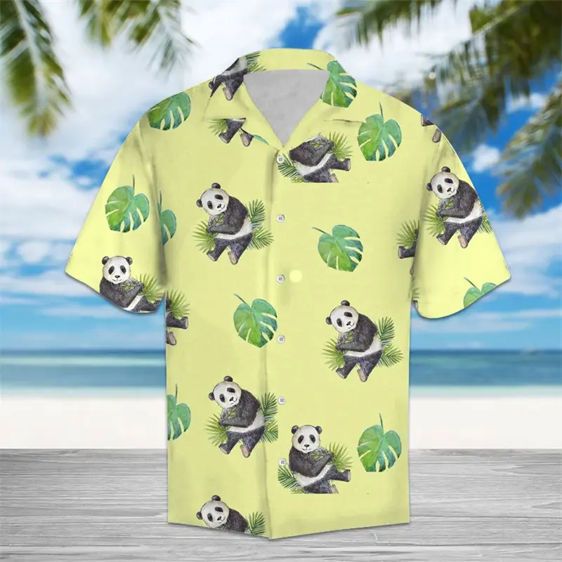 Cute Panda Pattern Hawaiian Shirts For Men Summer Casual Beach Vacation 3D Printed Shirt Loose Streetwear Harajuku Button Blouse