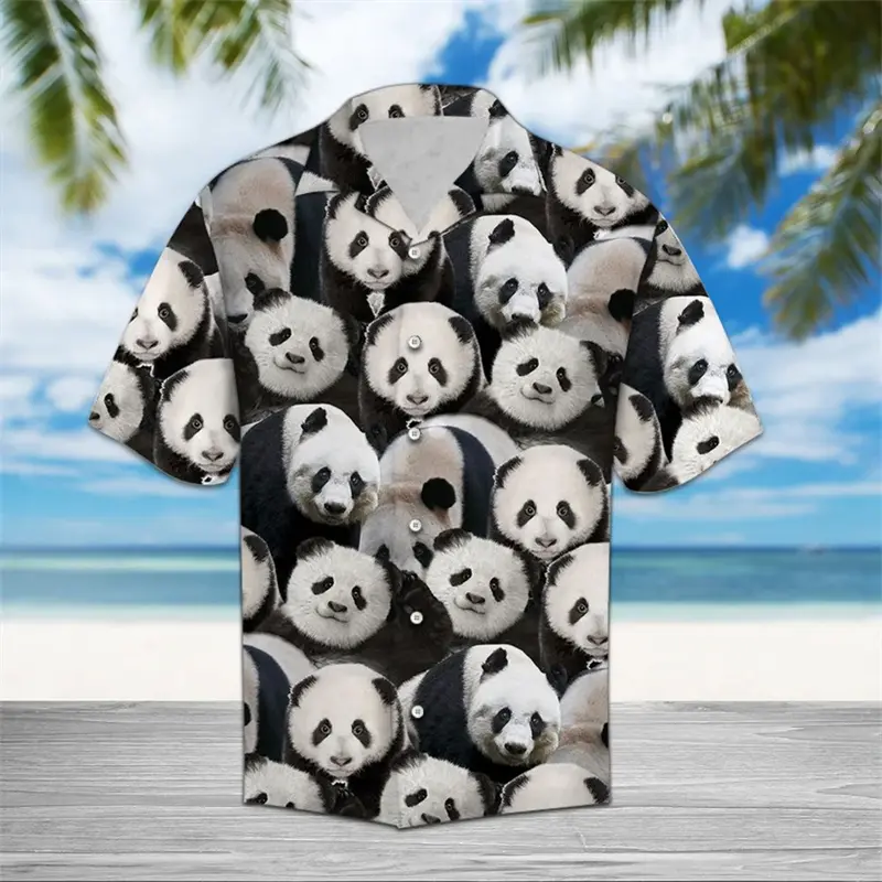 Cute Panda Pattern Hawaiian Shirts For Men Summer Casual Beach Vacation 3D Printed Shirt Loose Streetwear Harajuku Button Blouse