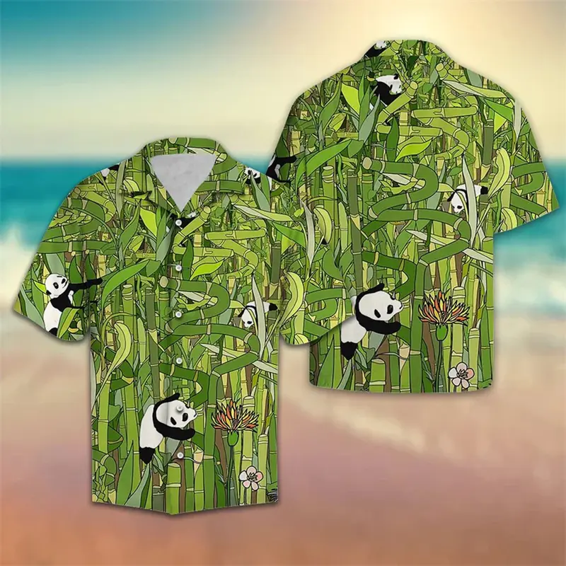 Cute Panda Pattern Hawaiian Shirts For Men Summer Casual Beach Vacation 3D Printed Shirt Loose Streetwear Harajuku Button Blouse