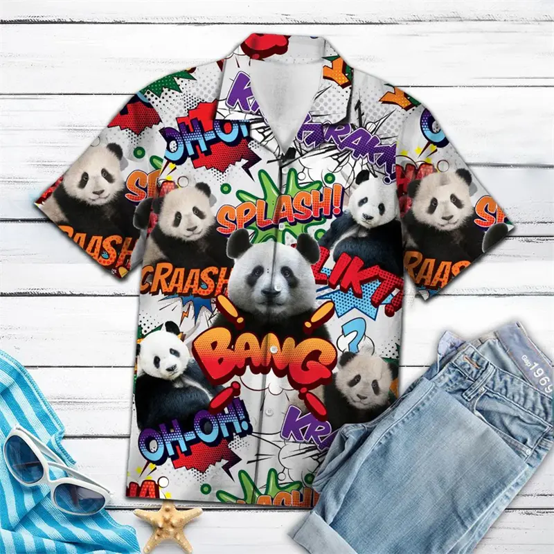 Cute Panda Pattern Hawaiian Shirts For Men Summer Casual Beach Vacation 3D Printed Shirt Loose Streetwear Harajuku Button Blouse