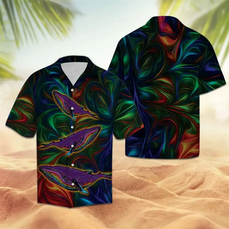 Fashion Whale Pattern Hawaiian Shirts For Men Summer Casual Beach Vacation 3D Printed Shirt Loose Breathable Lapel Button Blouse