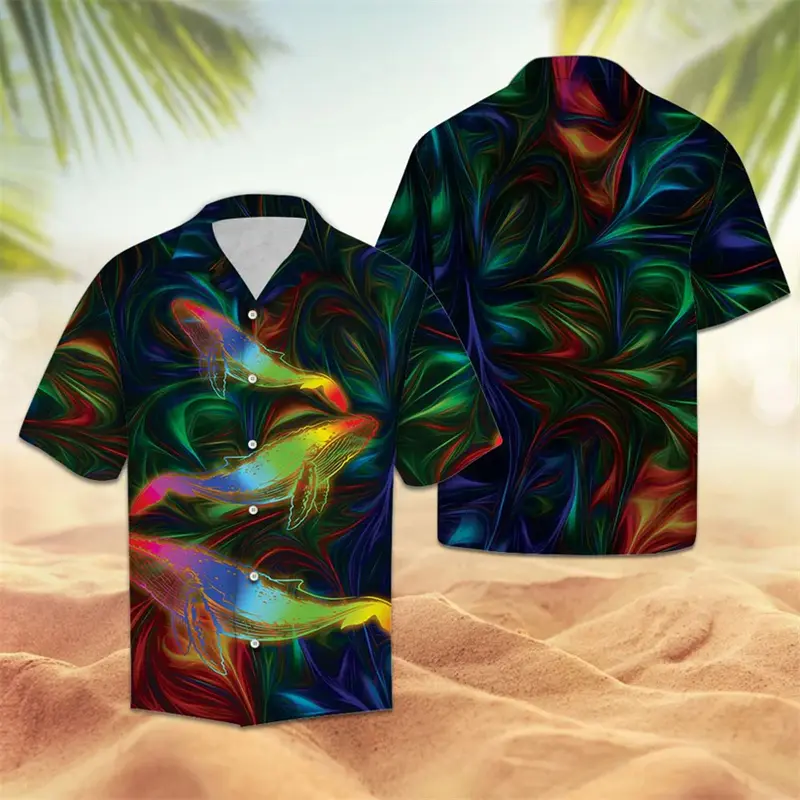 Fashion Whale Pattern Hawaiian Shirts For Men Summer Casual Beach Vacation 3D Printed Shirt Loose Breathable Lapel Button Blouse