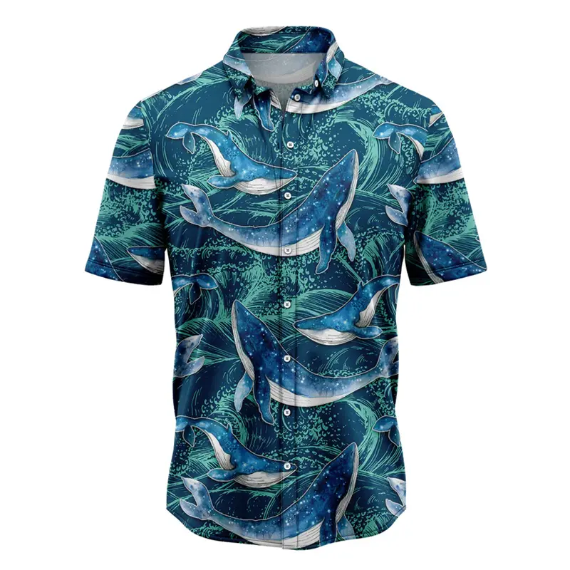 Fashion Whale Pattern Hawaiian Shirts For Men Summer Casual Beach Vacation 3D Printed Shirt Loose Breathable Lapel Button Blouse