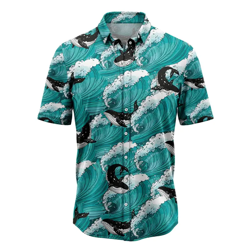 Fashion Whale Pattern Hawaiian Shirts For Men Summer Casual Beach Vacation 3D Printed Shirt Loose Breathable Lapel Button Blouse