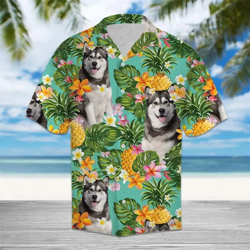 Tropical Pineapple Dog Pattern Hawaiian Shirts Summer Casual Short Sleeve 3D Printed Shirt Loose Breathable Lapel Button Blouse