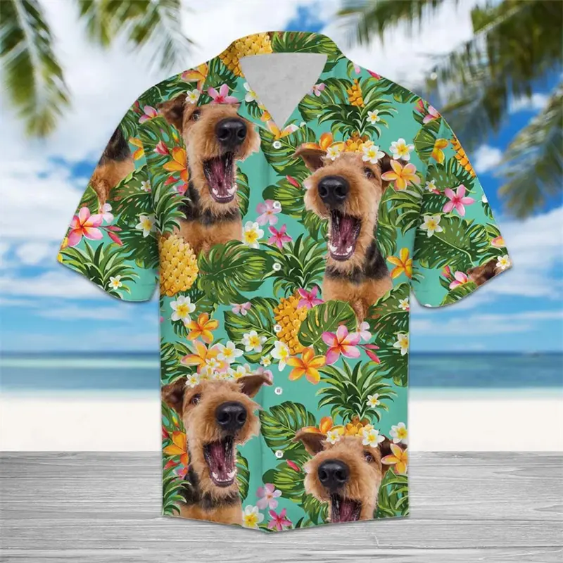 Tropical Pineapple Dog Pattern Hawaiian Shirts Summer Casual Short Sleeve 3D Printed Shirt Loose Breathable Lapel Button Blouse