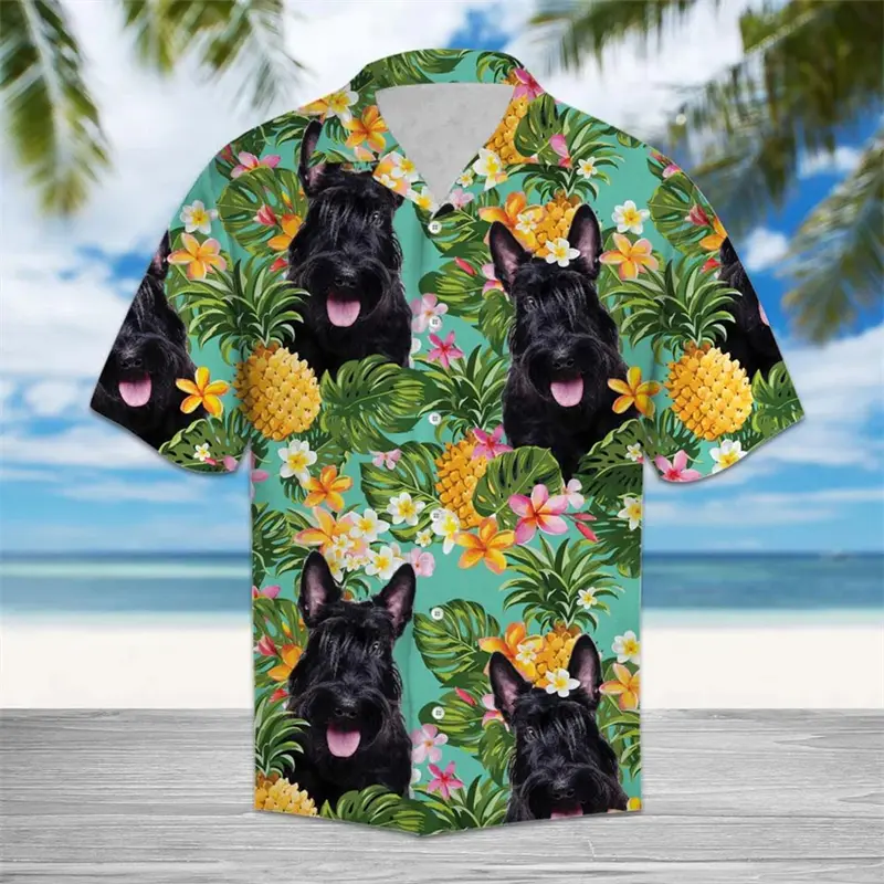 Tropical Pineapple Dog Pattern Hawaiian Shirts Summer Casual Short Sleeve 3D Printed Shirt Loose Breathable Lapel Button Blouse