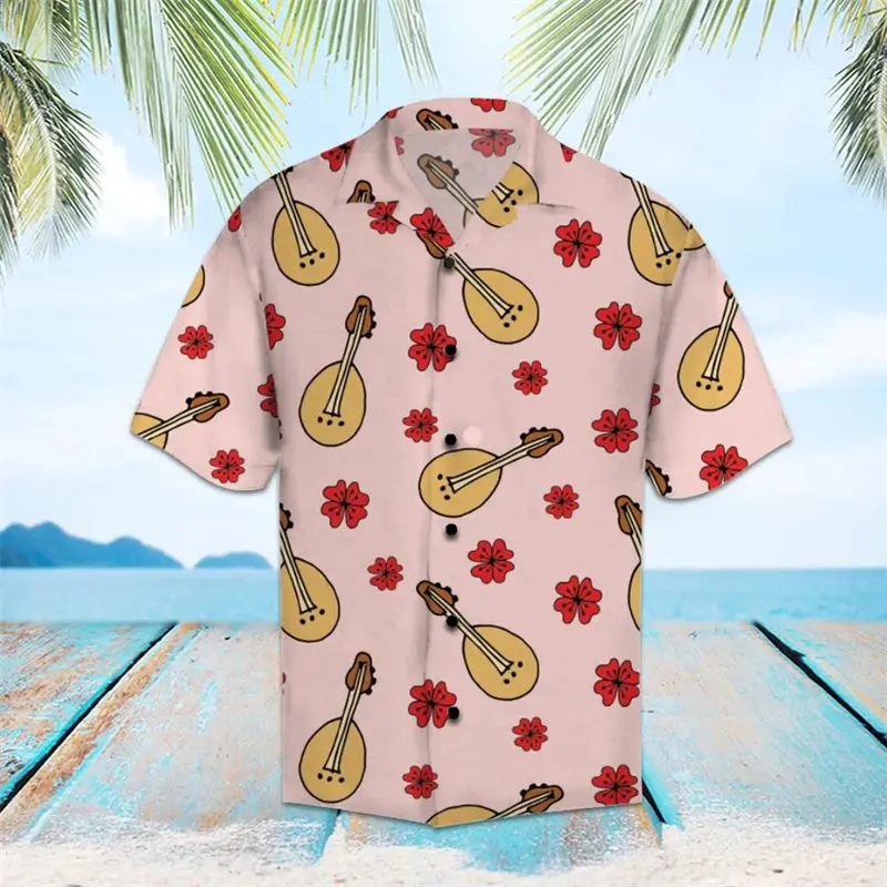 Fashion Ukulele Pattern Hawaiian Shirts Summer Casual Musical Instruments 3D Printed Shirt Loose Streetwear Breathable Blouse