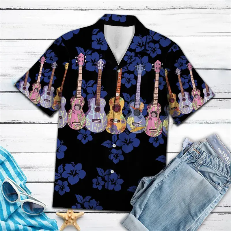 Fashion Ukulele Pattern Hawaiian Shirts Summer Casual Musical Instruments 3D Printed Shirt Loose Streetwear Breathable Blouse