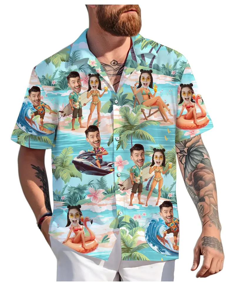 Funny Custom Face Couple Hawaiian Shirt Summer Fashion Short Sleeve Personalized 3D Printed Shirt Loose Breathable Unisex Blouse