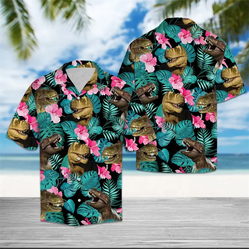 Fashion T-rex Pattern Hawaiian Shirts For Men Summer Trendy Streetwear 3D Printed Lapel Shirt Cool Oversized Breathable Blouses