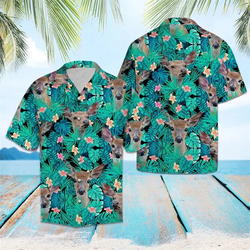 Retro Deer Pattern Hawaiian Shirts For Men Summer Casual Short Sleeve 3D Printed Lapel Blouses Loose Harajuku Button Shirt