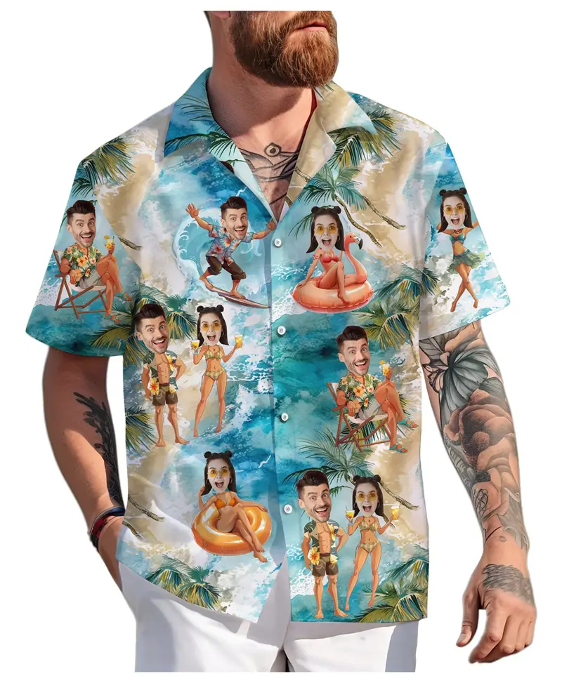 Funny Custom Face Couple Hawaiian Shirt Summer Fashion Short Sleeve Personalized 3D Printed Shirt Loose Breathable Unisex Blouse