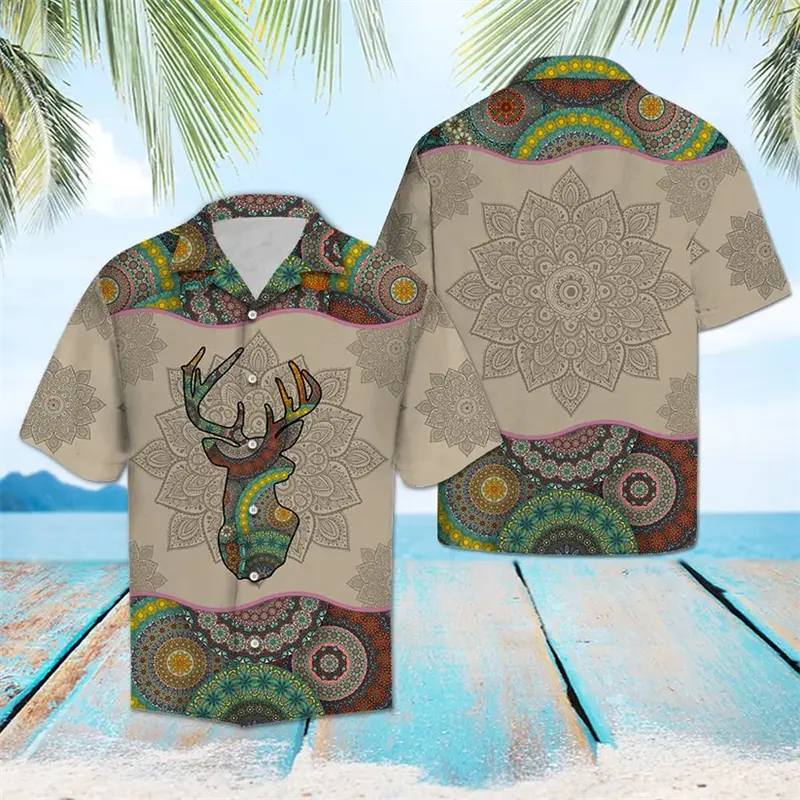 Retro Deer Pattern Hawaiian Shirts For Men Summer Casual Short Sleeve 3D Printed Lapel Blouses Loose Harajuku Button Shirt